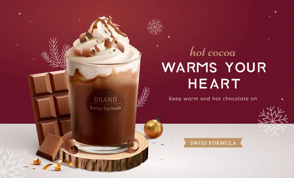 Cremoso Modello Annuncio Bevanda Calda Cioccolato Illustrazione Tazza Vetro Visualizzata — Vettoriale Stock