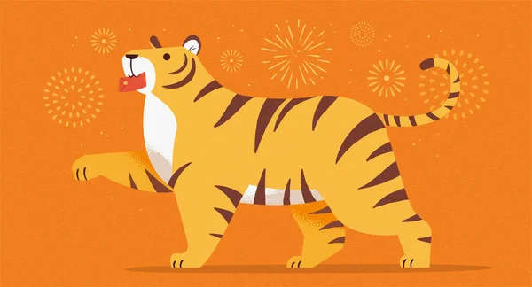 Lindo Tigre Con Sobre Rojo Boca Ilustración Animal Encantadora Para — Vector de stock