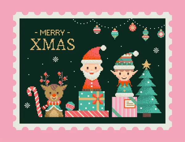 Joyeux Timbre Noël Pixel Art Avec Père Noël Elfe Renne — Image vectorielle