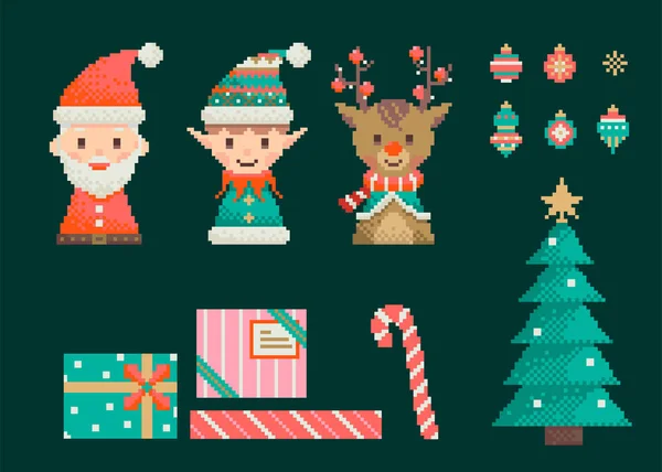 Rétro Mignon Joyeux Noël Éléments Vacances Pixel Art Collection — Image vectorielle