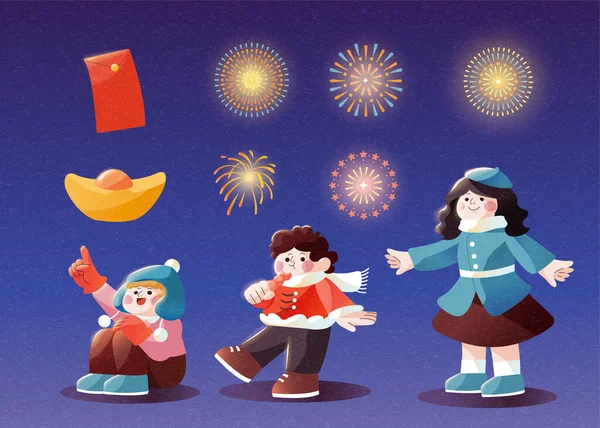 Lindo Conjunto Elementos Ilustración Vacaciones Incluyendo Fuegos Artificiales Brillantes Niños — Archivo Imágenes Vectoriales