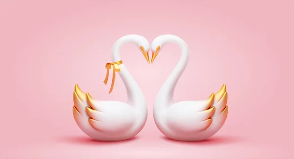 Elegant White Swan Couple Golden Painting Wings Tails Valentine Day — Stock Vector
