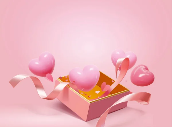 3次元のハート型の風船とリボンがギフトボックスから飛び出してきます バレンタインデーまたはピンクの背景に隔離された母の日の要素 — ストックベクタ