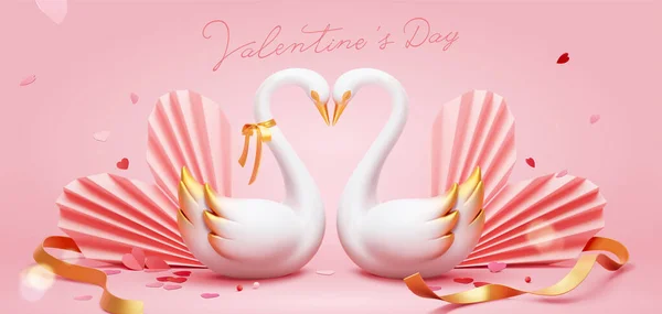 Modèle Bannière Saint Valentin Rose Avec Couple Cygne Forme Coeur — Image vectorielle