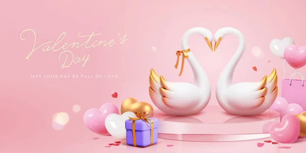 Промо Баннер День Святого Валентина Пара Лебедей Стеклянном Подиуме Конфетти — стоковый вектор