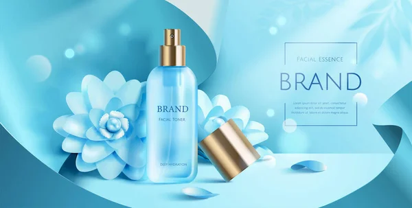 Lüks Kozmetik Reklam Şablonu Yüz Toneri Düzenleyici Mavi Çiçekler Güneş — Stok Vektör