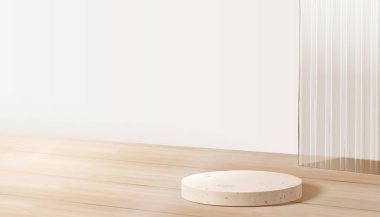 Beyaz mermer ürün, ahşap tezgahın üzerinde podyum sergiliyor. Arka planda ise cam desenli duvar var. 3d Nordic iç mekan tasarımı.