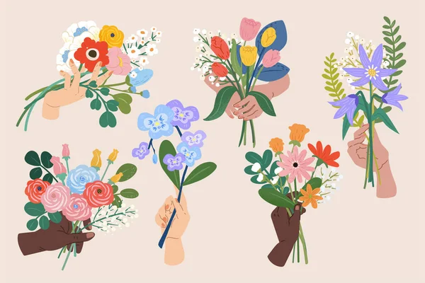 Συλλογή Από Διάφορα Γυναικεία Χέρια Που Κρατούν Ανθισμένα Μπουκέτα Λουλουδιών — Διανυσματικό Αρχείο