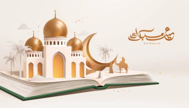 3D yaratıcı İslami bayram hikayesi afişi. Mini cami ve tatlı manzarası açık bir kitapta sergileniyor. Monoton tasarımı. Çeviri: Mübarek Bayramı