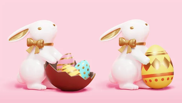 Collezione Decorazione Coniglio Bianco Porcellana Pasqua Elementi Decorativi Vacanza Isolati — Vettoriale Stock