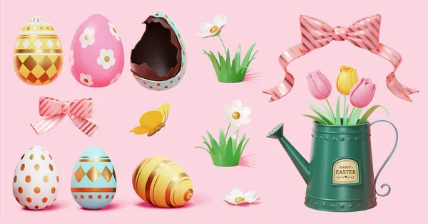 Primavera Pasqua Elementi Arredo Vacanza Isolati Sfondo Rosa Adatto Attività — Vettoriale Stock