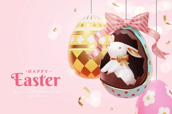 Karikatura Velikonoční Prázdniny Šablona Roztomilým Králíkem Skrývající Visící Čokoládové Vejce — Stockový vektor
