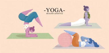 İnsanlar farklı yoga pozları veren genç kadınların resimlerini çiziyorlar..