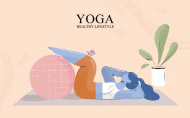 Evde yoga yapmak için spor topu kullanan bir kadının el çizimi. Yoga sağlıklı yaşam tarzı konsepti.