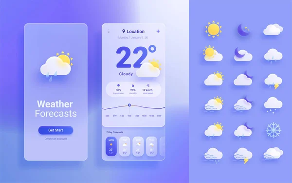 3Dガラス形態天気予報アプリテンプレート モバイルインターフェーステンプレート 青い背景に隔離された気象アイコン — ストックベクタ