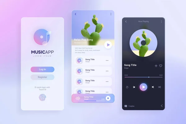 Holografisk Glasmorfism Musik Gränssnitt Kit För Mobiltelefon App Inklusive Inloggning — Stock vektor