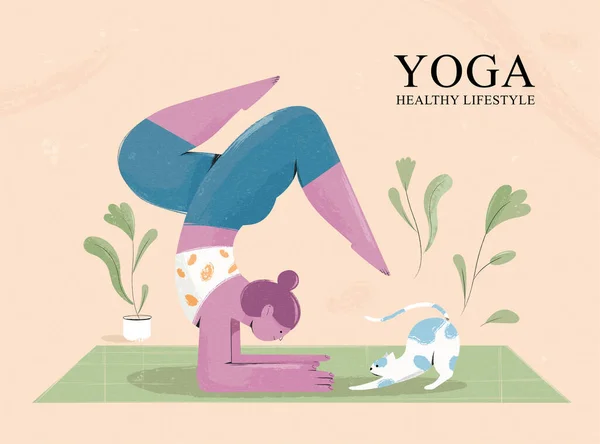 Ilustración Dibujada Mano Una Mujer Practicando Yoga Con Gato Mascota — Archivo Imágenes Vectoriales