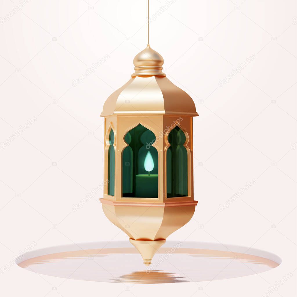 Gold Islamic fanous lantern hanging above a circle water pond. 3d Ramadan elements isolated on white background.