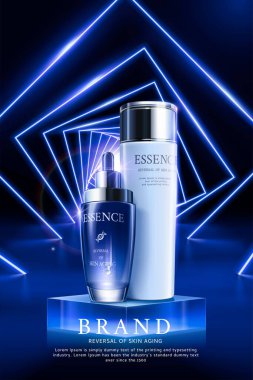 3D fütüristik ve lüks kozmetik ürün reklam şablonu. Cam sahnede cam şişe ve damlatıcı şişeyle Geometrik neon ışıklı dekor.