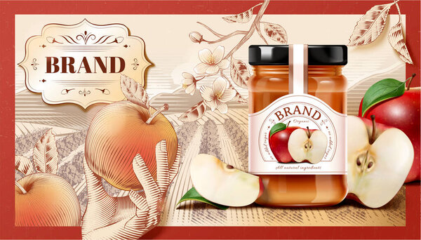 Vintage handmade apple jam ad template. 3d glass jar and fruit with a hand holding a colorful apple and engraving farm field background.