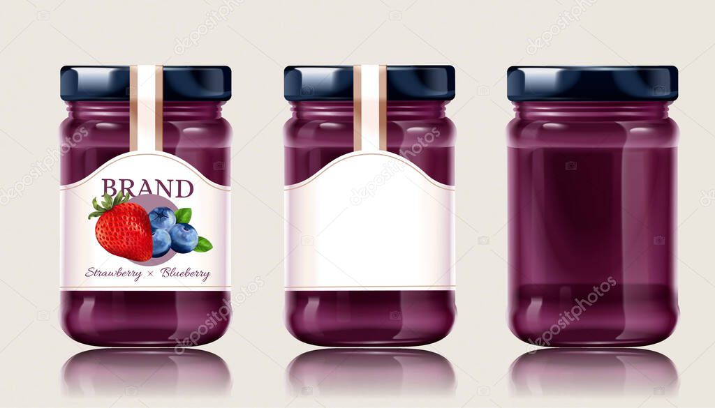 Mixed fruit jam in glass jars, isolate on beige background. 3d handmade organic jam package design.