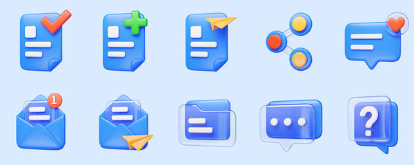 3d icon set for website or mobile app isolated on blue background, including document management, link share, message, email and faq icon.