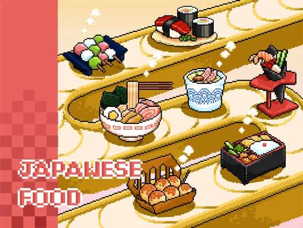 Retro Pixel Konst Klassiska Japanska Aptitretare Roterande Transportband Inklusive Sushi — Stock vektor