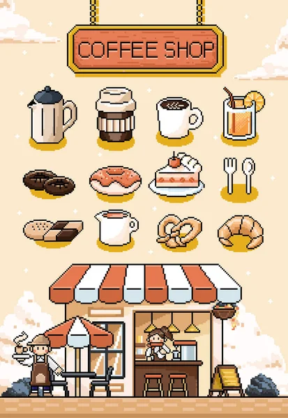 Lindo Arte Píxeles Retro Café Bistro Fachada Varios Elementos Comida — Vector de stock