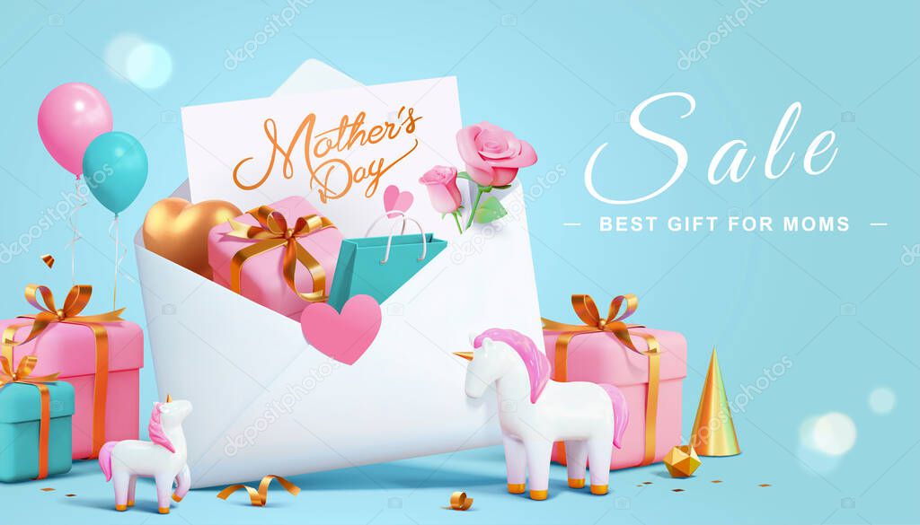 3d Mother's Day sale promo banner template. Huge envelope with gifts, shopping bag and cute unicorn toys.