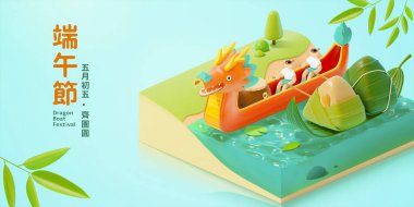 Duanwu Festivali 'nin 3D izometrik pankart tasarımı. Nehirde ejderha teknesinde kürek çeken sevimli insanlar var. Tercümesi: Mutlu Ejder Teknesi Festivali