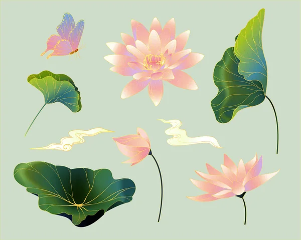 Orientalische Vintage Zeichnungen Von Lotusblumen Und Blättern Botanische Elemente Isoliert — Stockvektor