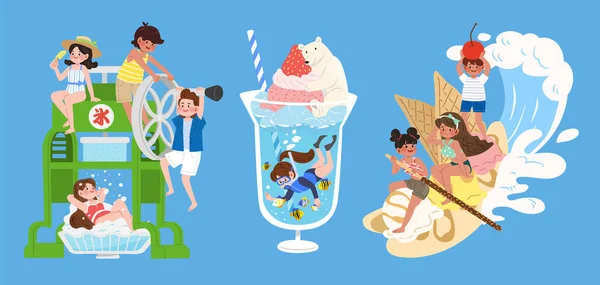 Creative Set Kids Summer Food Items Flat Illustration Cute Children — Stock Vector