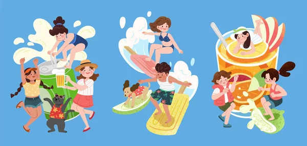 Flat Illustration Children Enjoying Summer Season Kids Drinking Cold Drinks — Stock Vector