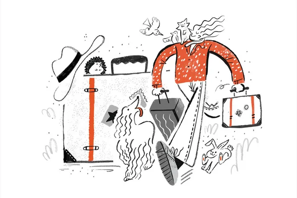 Творческая Иллюстрация Стиле Дудл Изображающая Человека Несущего Сумку Путешествующего Домашними — стоковый вектор