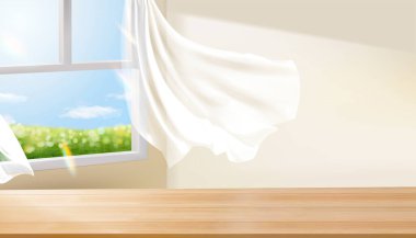 3D Illustration of an empty wooden table top indoors with wind blowing in from a window and curtains flying on a sunny day. Design used to display a product.