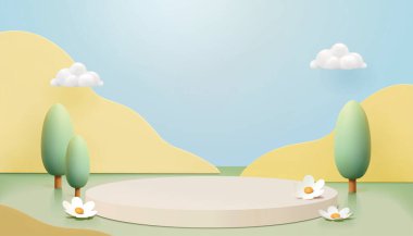 3 boyutlu sahne etrafında çiçekler ve ağaçlar, bulutlar ve kağıt kesim tarzı sarı dağlar açık mavi arka planda.