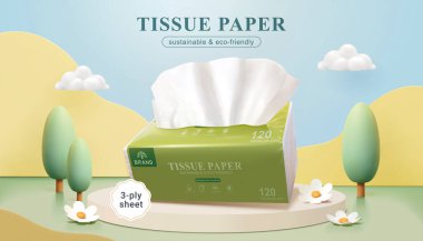 Tissue paper banner ad. 3D Illustration of 3-ply sheet tissue paper pack displayed on the podium with flowers, trees, clouds, and papercut style mountains in the background