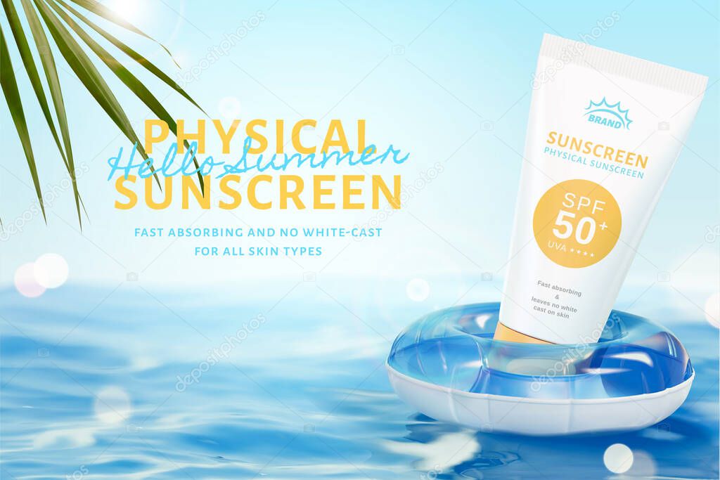 3d sunscreen ad template in tropical ocean theme. Tube mock up floating on a swim ring. Suitable for summer cosmetic product promotion.