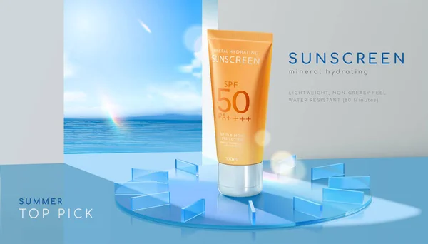 Modern Sunscreen Template Illustration Orange Sunblock Tube Standing Middle Glass — Vetor de Stock