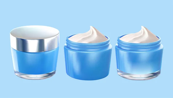 Blue Modern Cosmetic Jar Mockup Collection One Closed Silver Cap — Vector de stock
