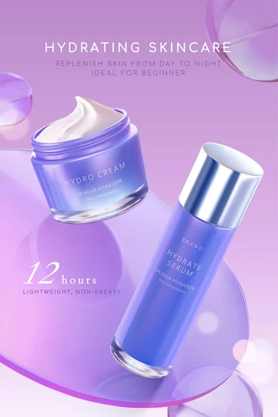 Purple Cosmetic Product Template Illustration Jar Bottle Flying Glass Disks — Stockvektor