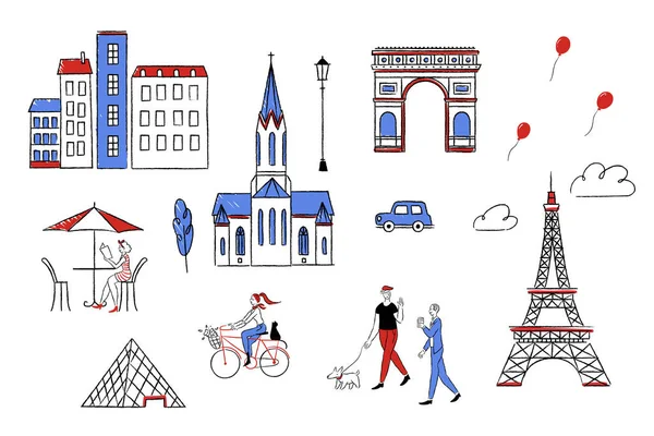 Cute Paris Street Doodle Illustrations Including People Doing Leisure Activities — Vector de stock