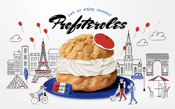 French Cream Puff Displayed Blue Plate Cute Paris Street Doodle — Vector de stock
