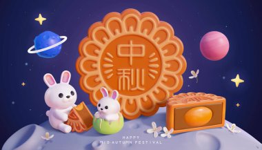 Creative Mooncake Festival card. 3D Illustration of cute rabbits on moon's surface with giant mooncake in the middle. Text of mid autumn embossed on the pastry