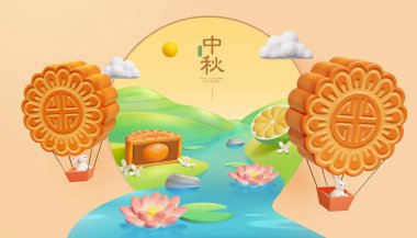 Creative Mooncake Festival card. 3D Illustration of bright lotus pond scene with cute rabbits taking rides on mooncake shaped hot air balloons on both sides. Translation: mid autumn. August 15th.