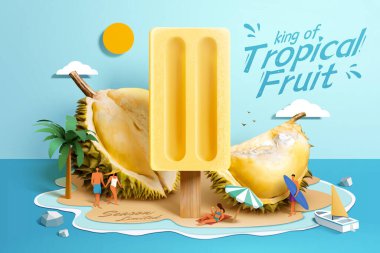 Durian popsicle promotion. 3d illustration of realistic durian pieces and popsicle on papercut style beach island, palm tree, sailboat and sunny set up with illustrated people.