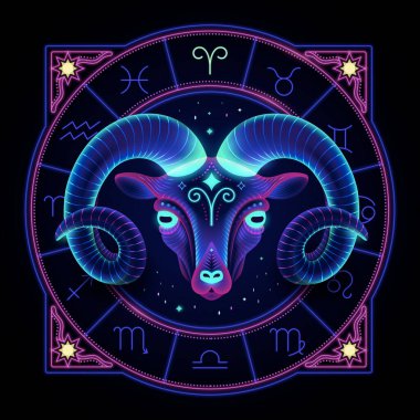 Aries zodiac sign represented by a ram as the fire of the spirit. Neon horoscope symbol in circle with other astrology signs around.