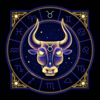 Taurus zodiac sign represented by the face of a bull. Neon horoscope symbol in circle with other astrology signs sets around.