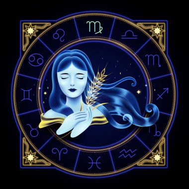 Virgo zodiac sign represented by a young maiden carrying a sheaf of wheat. Neon horoscope symbol in circle with other astrology signs sets around.