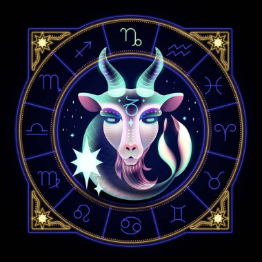 Capricorn zodiac sign represented by a horned goat with a mermaid like tail. Neon horoscope symbol in circle with other astrology signs sets around.